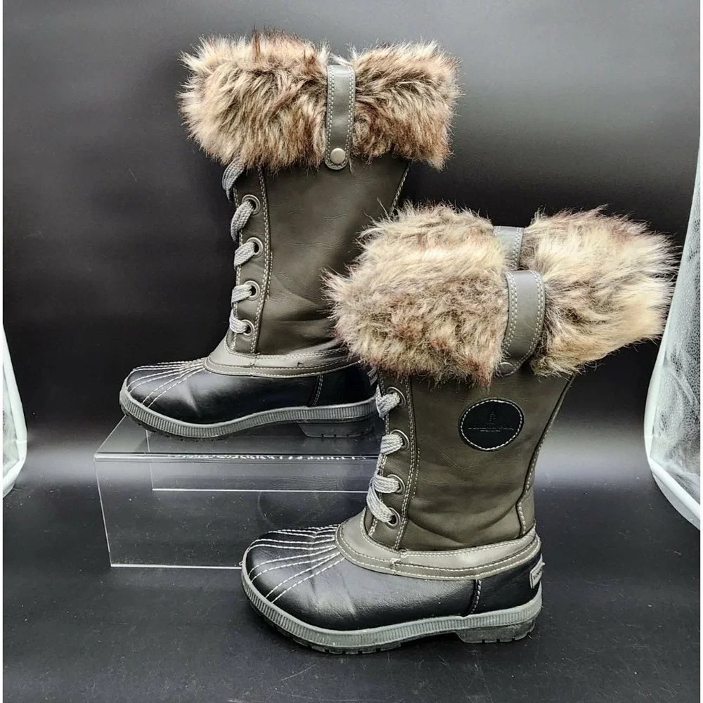 London Fog Melton Women Green Black Size 8 Winter Faux Fur Duck Boots Cozy